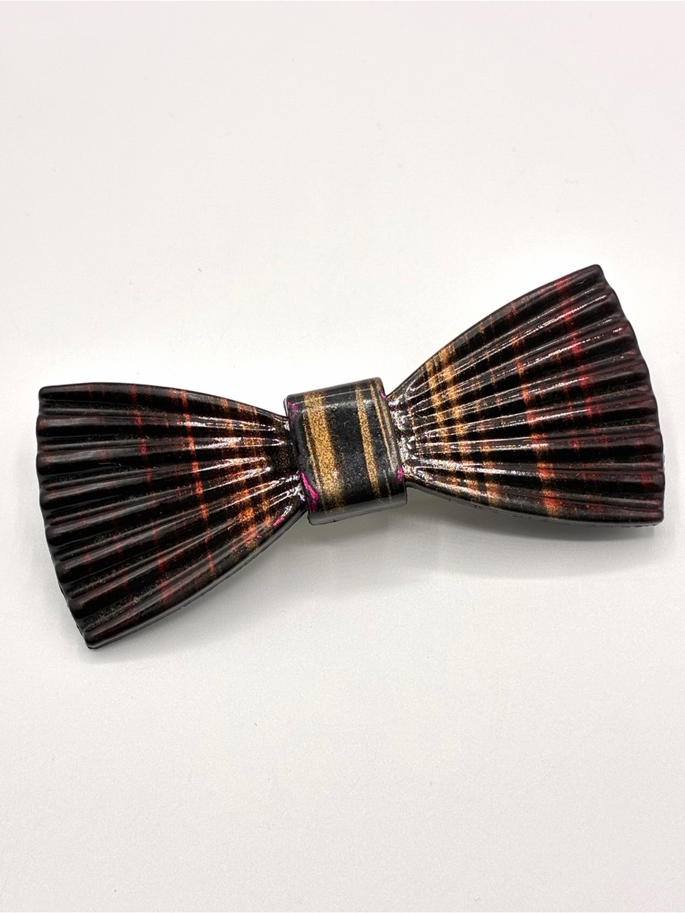 Vintage Taiwan Bow Barrette Hair Clip Retro Black Gold Tone Ribbed Bow - Picture 1 of 10